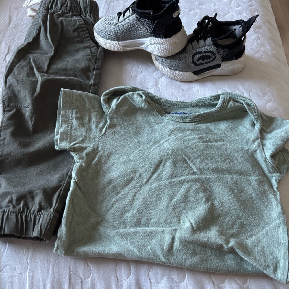 Green T-Shirt and Pants with Black Sneakers